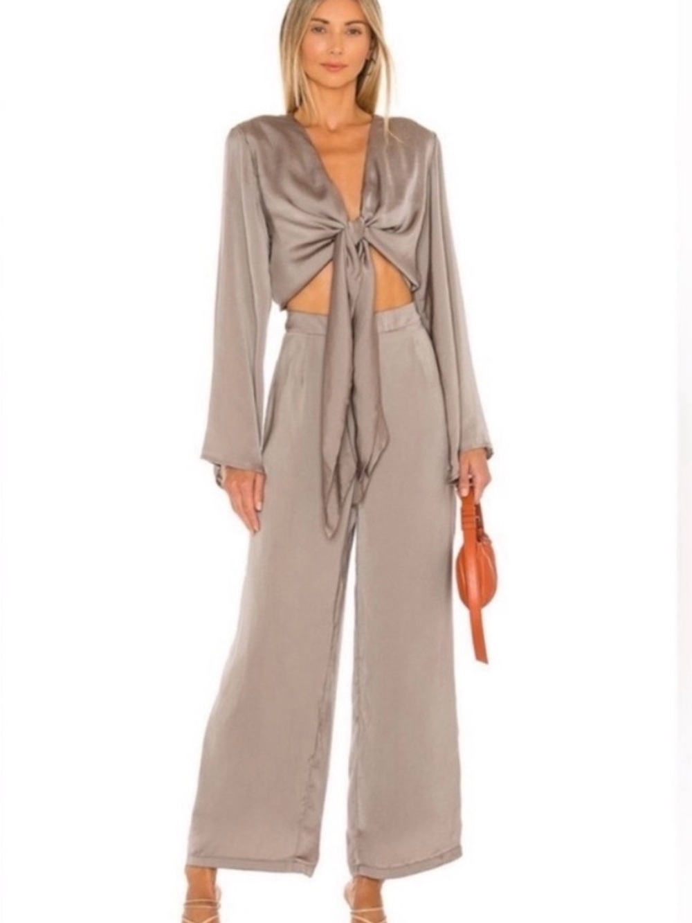 SNDYS. Taupe Satin Tie-Front Wide Leg Jumpsuit Pluto Long Sleeve